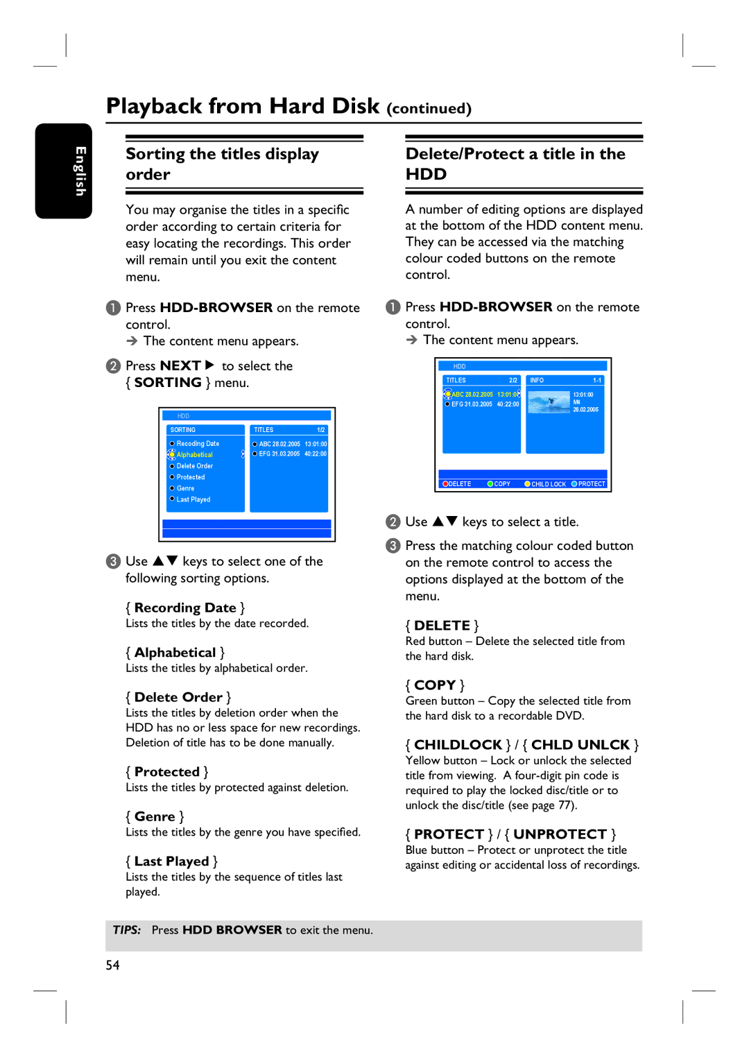 Philips DVDR3360H Sorting the titles display order, Delete/Protect a title, Childlock / Chld Unlck, Protect / Unprotect 