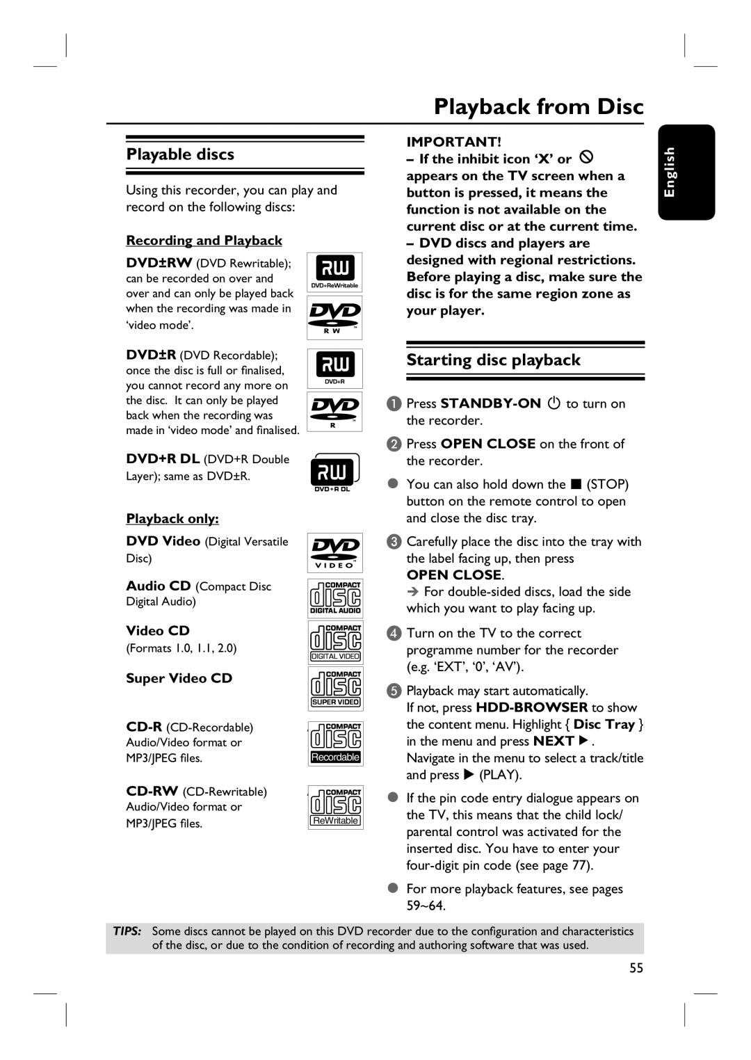 Philips DVDR3360H user manual Playback from Disc, Playable discs, Starting disc playback, Open Close 