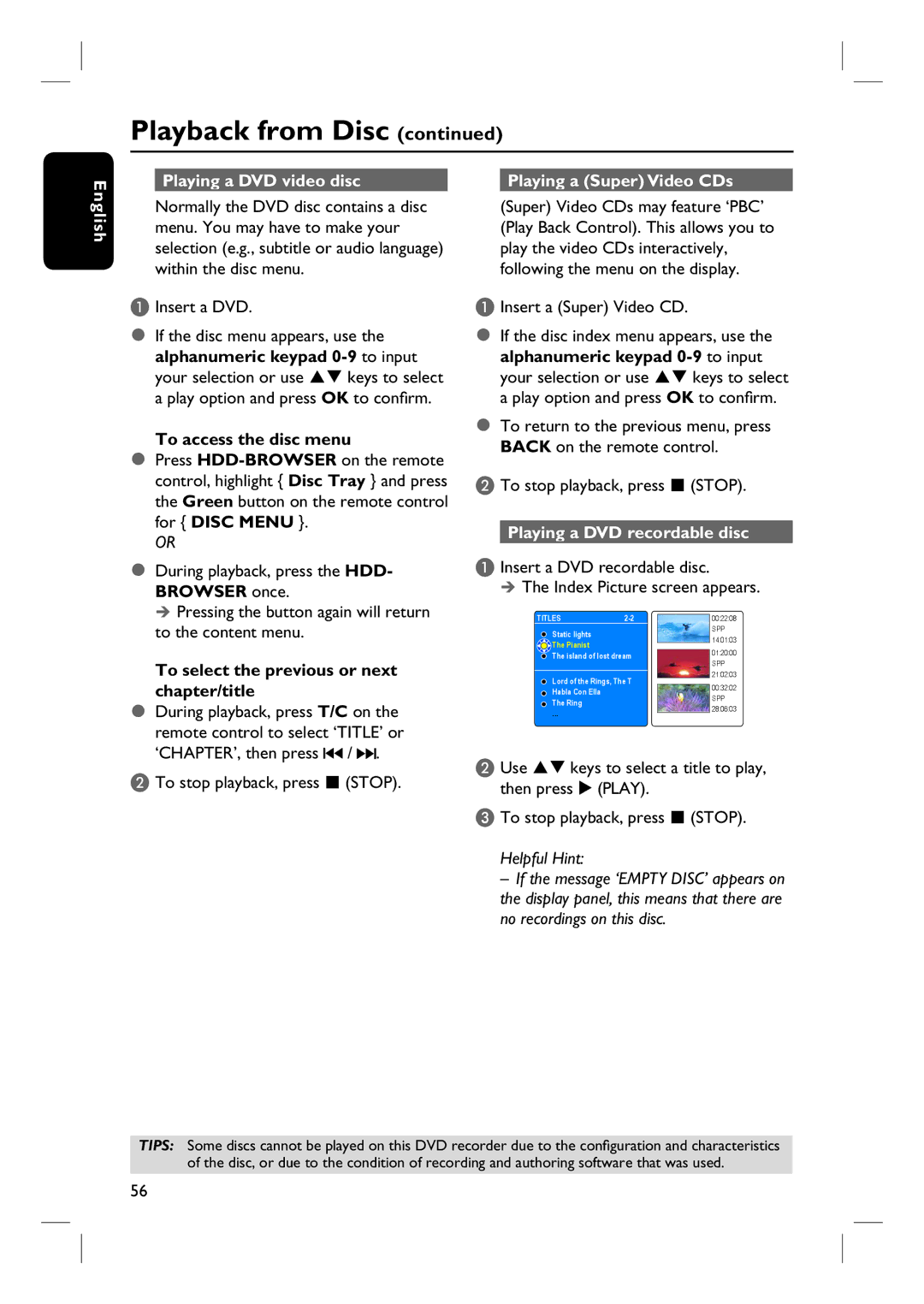 Philips DVDR3360H user manual Playing a DVD video disc Playing a Super Video CDs English, To access the disc menu 