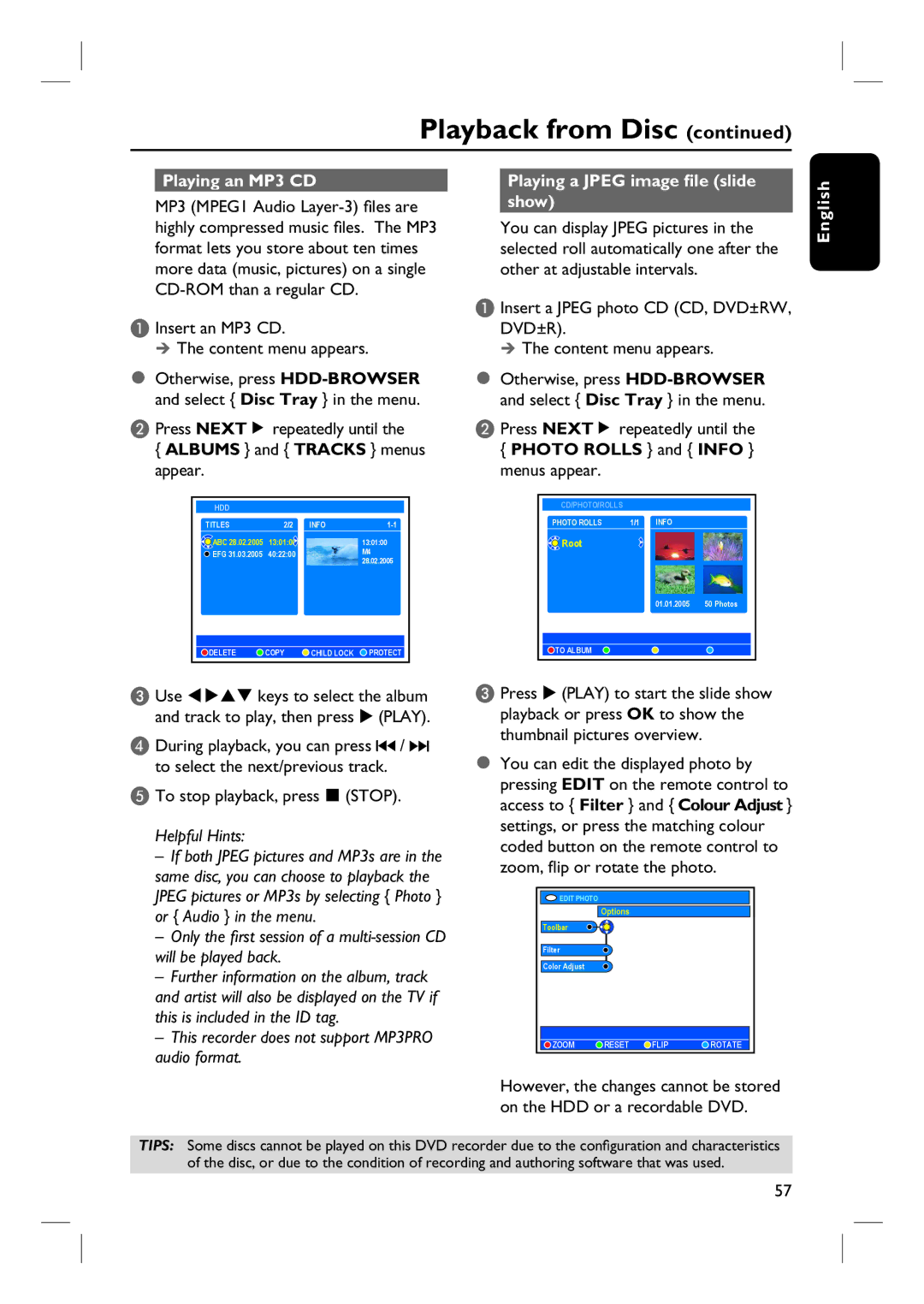 Philips DVDR3360H user manual Playing an MP3 CD, Albums and Tracks menus appear, Playing a Jpeg image file slide show 