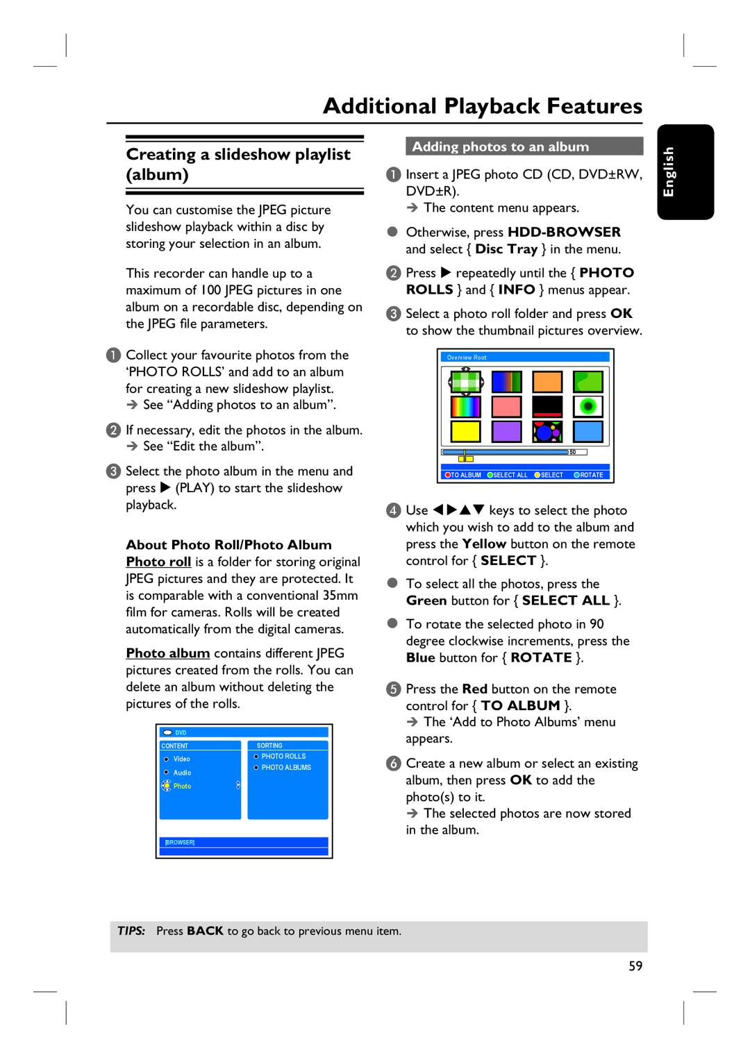 Philips DVDR3360H user manual Additional Playback Features, Creating a slideshow playlist album, Adding photos to an album 