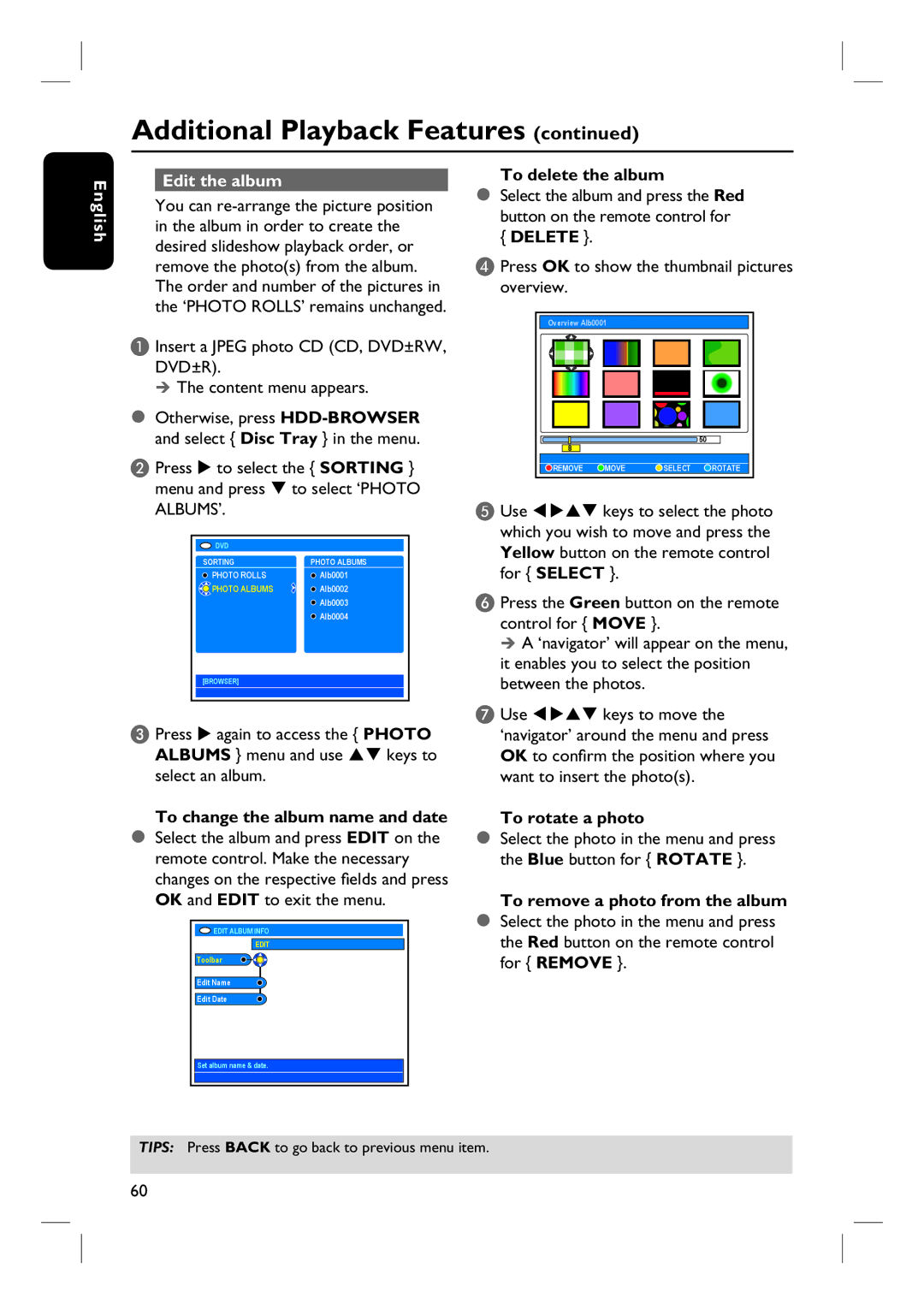 Philips DVDR3360H English Edit the album, To delete the album, To change the album name and date, To rotate a photo 