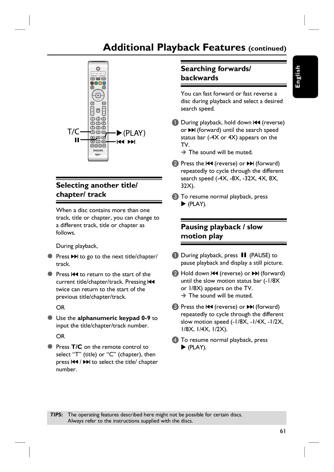 Philips DVDR3360H user manual Selecting another title/ chapter/ track, Pausing playback / slow motion play 