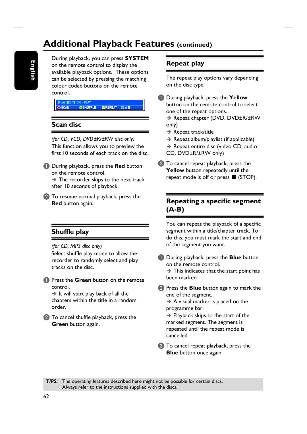 Philips DVDR3360H user manual Repeat play, Shuffle play, Repeating a specific segment A-B 