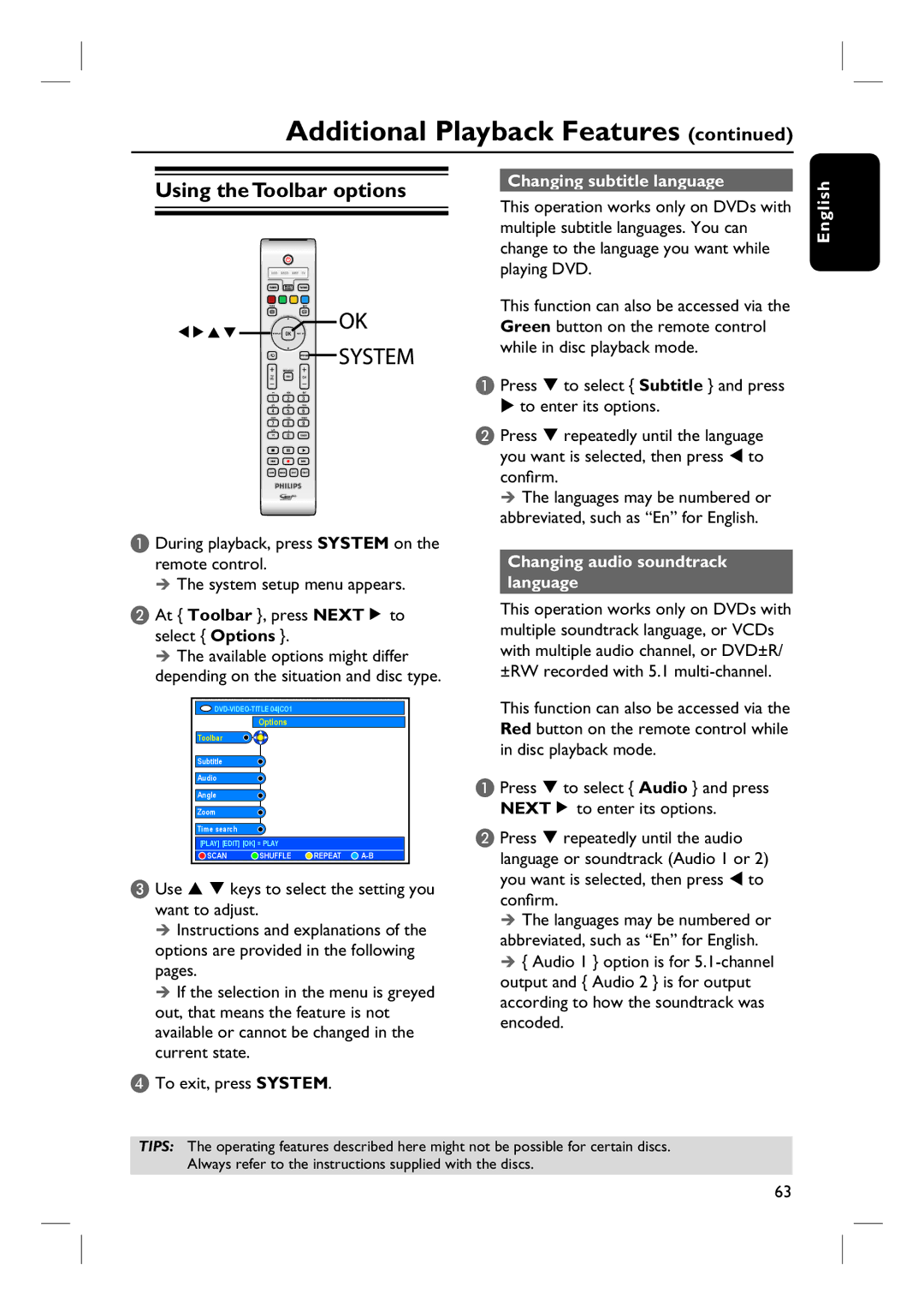 Philips DVDR3360H user manual Using the Toolbar options, Changing subtitle language, Changing audio soundtrack language 