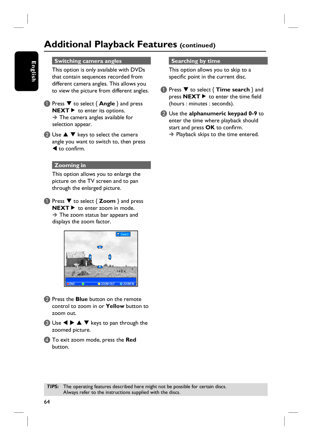 Philips DVDR3360H English Switching camera angles, To confirm, Searching by time, Playback skips to the time entered 