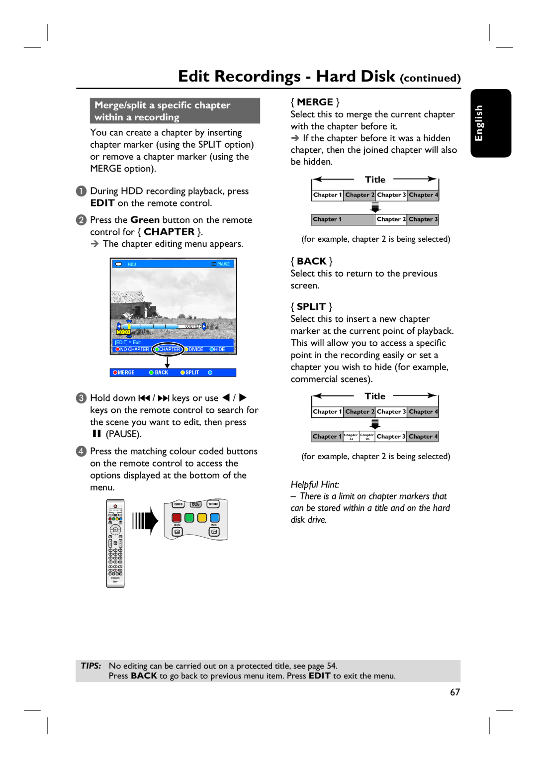 Philips DVDR3360H Merge/split a specific chapter within a recording, Select this to return to the previous screen, Split 