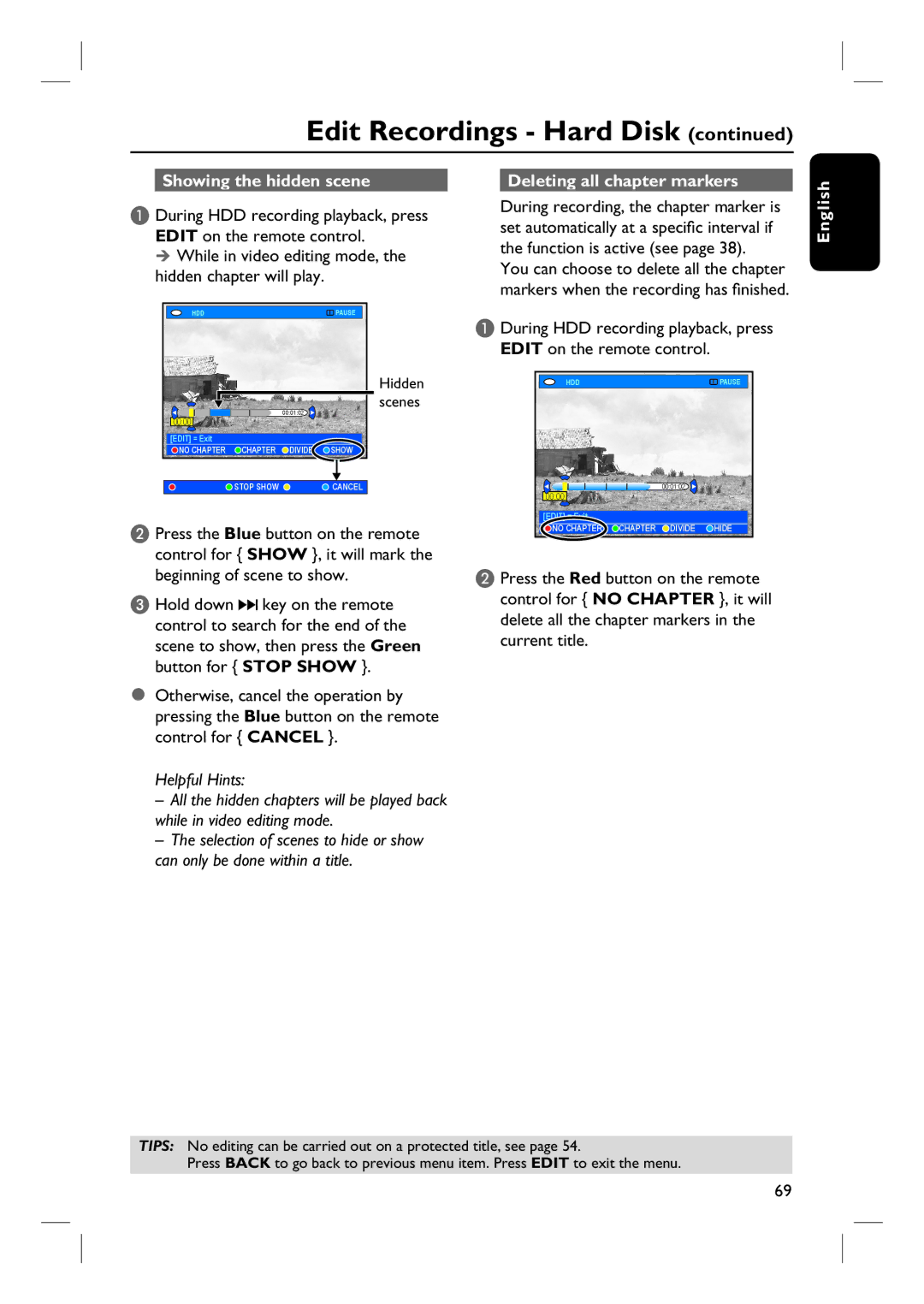 Philips DVDR3360H user manual Showing the hidden scene Deleting all chapter markers 