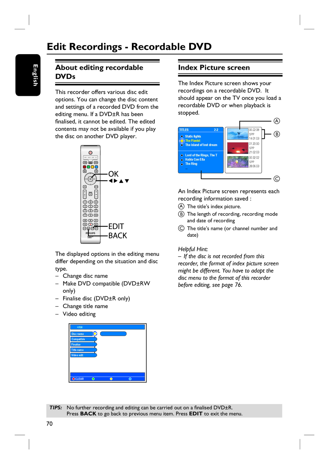 Philips DVDR3360H user manual Edit Recordings Recordable DVD, About editing recordable DVDs, Index Picture screen 