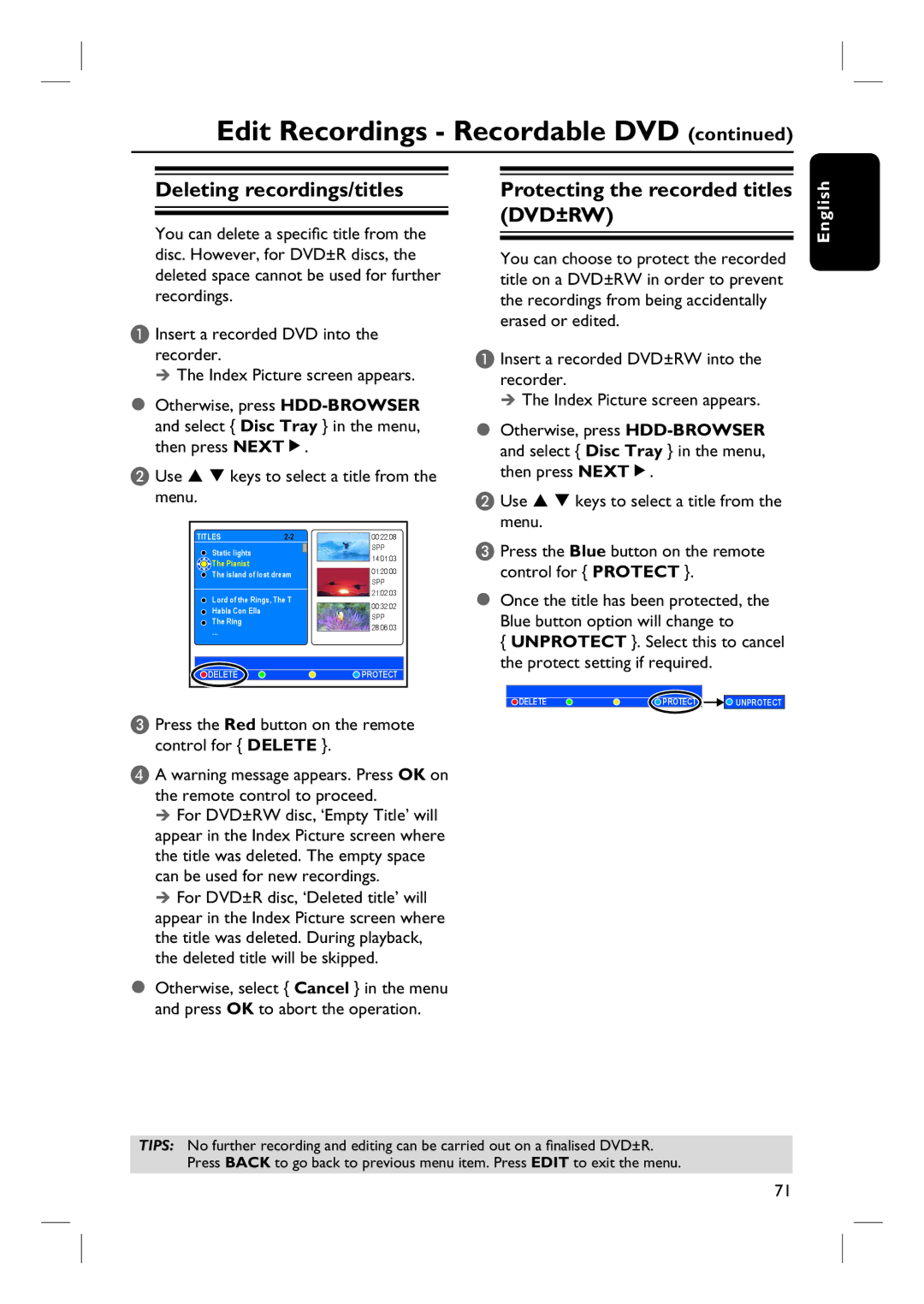 Philips DVDR3360H Deleting recordings/titles, Protecting the recorded titles DVD±RW, Menu, Keys to select a title from 