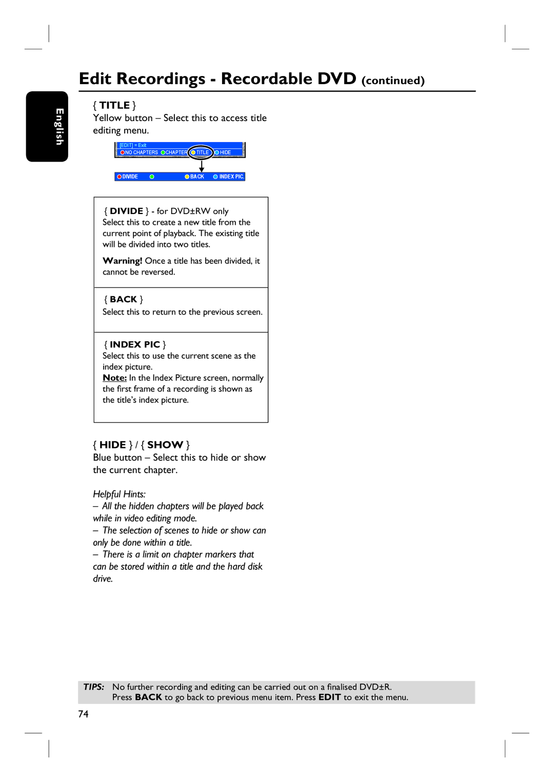 Philips DVDR3360H user manual Title, Yellow button Select this to access title editing menu, Hide / Show 