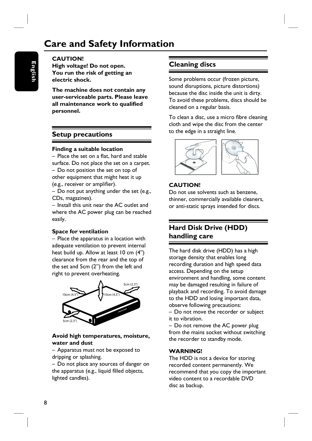 Philips DVDR3360H Care and Safety Information, Setup precautions, Cleaning discs, Hard Disk Drive HDD handling care 