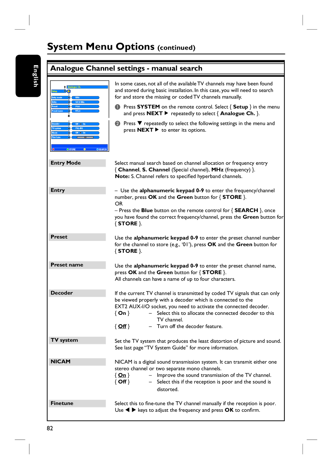 Philips DVDR3360H Analogue Channel settings manual search, Entry Mode Preset Preset name Decoder TV system, Finetune 