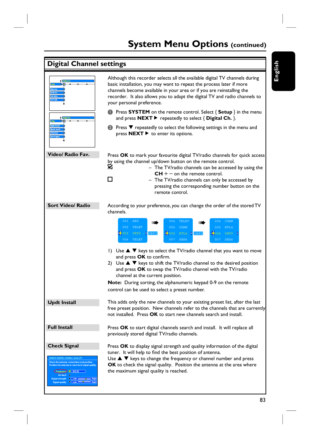 Philips DVDR3360H user manual Digital Channel settings, Press OK to swap the TV/radio channel with the TV/radio 