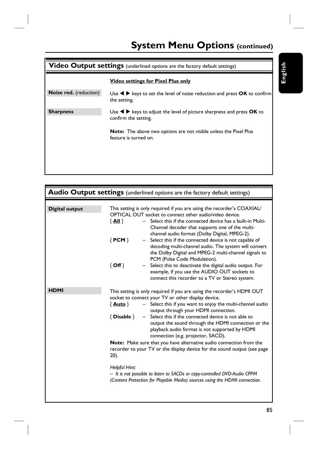 Philips DVDR3360H user manual Digital output, Pcm, Disable 