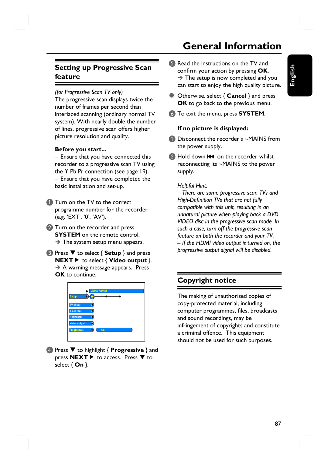 Philips DVDR3360H General Information, Setting up Progressive Scan feature, Copyright notice, If no picture is displayed 