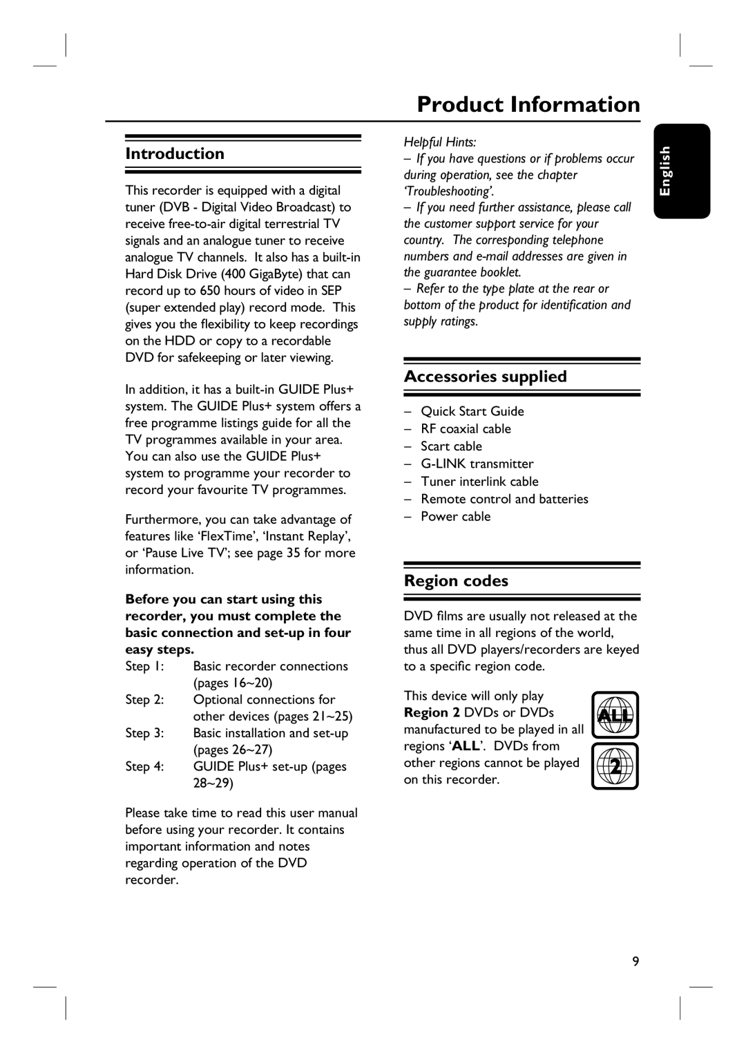 Philips DVDR3360H user manual Product Information, Introduction, Accessories supplied, Region codes 