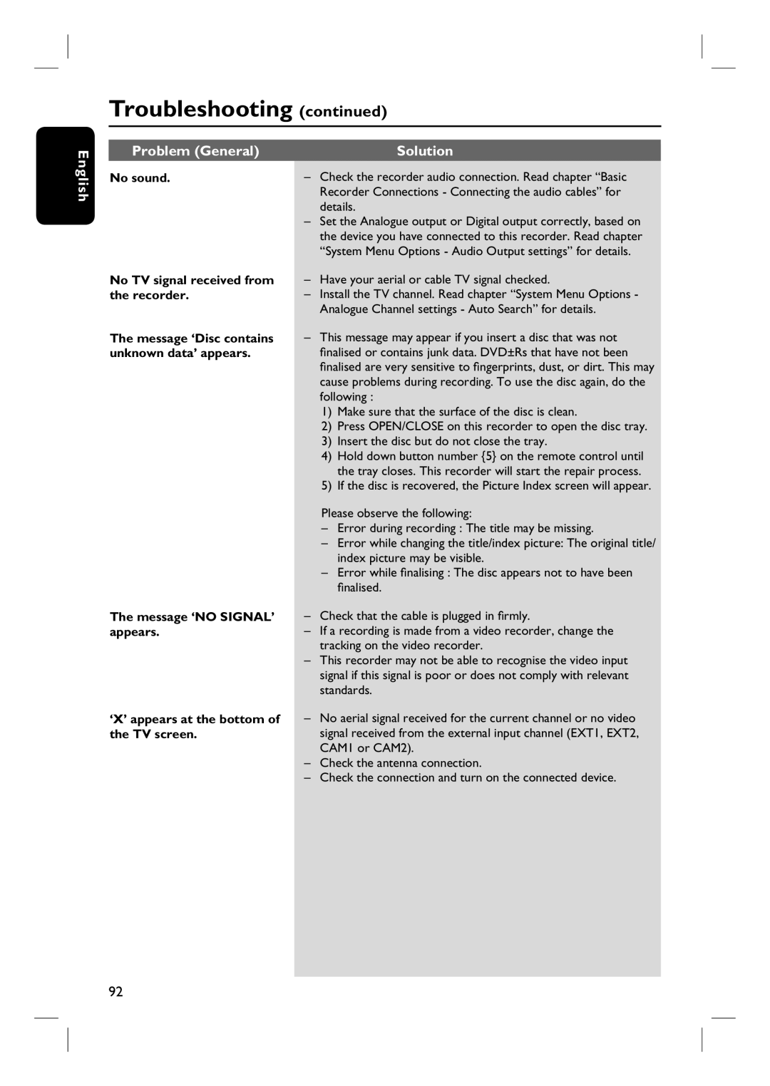 Philips DVDR3360H user manual No sound, No TV signal received from the recorder, Message ‘NO SIGNAL’ appears 