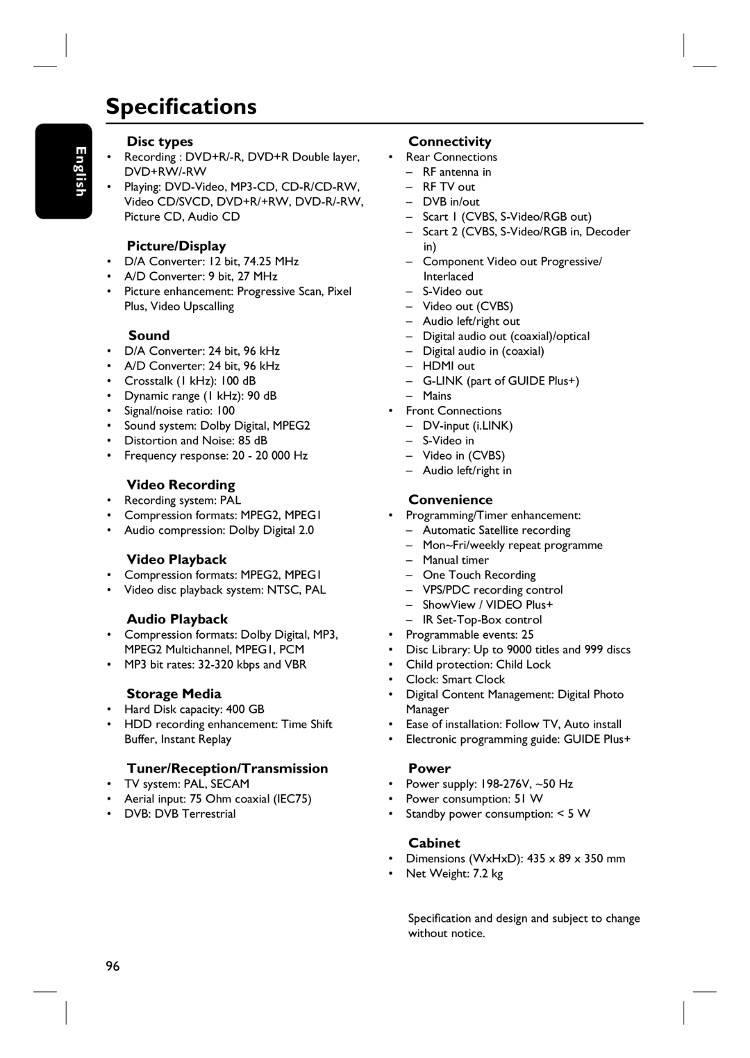 Philips DVDR3360H user manual Specifications 