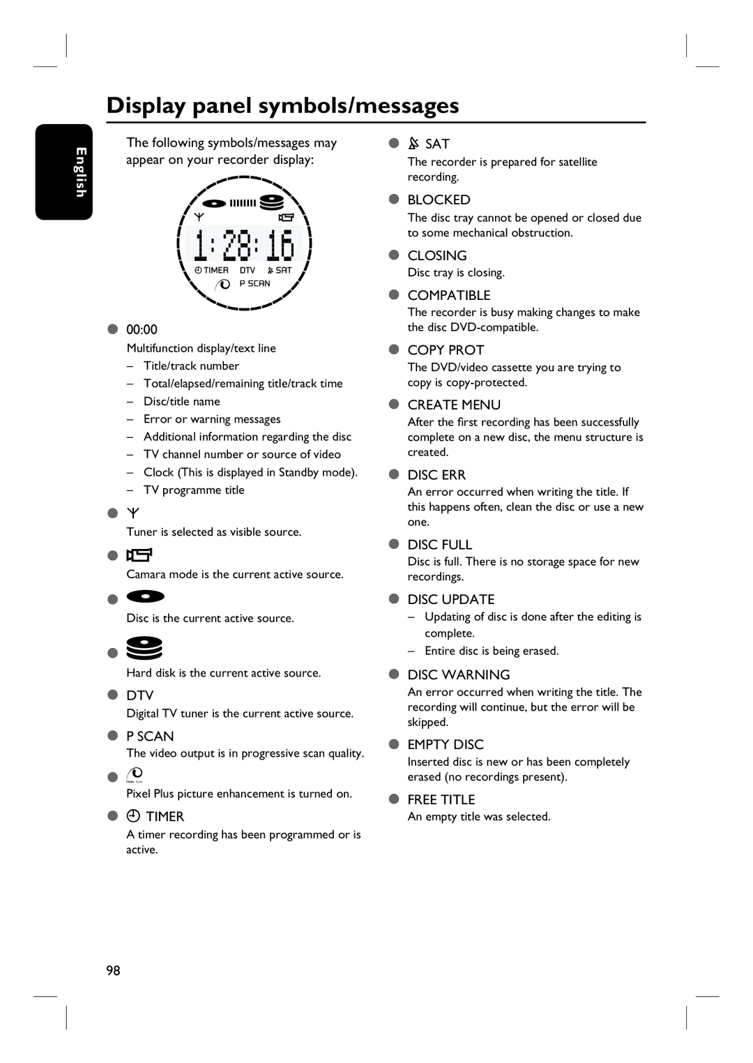 Philips DVDR3360H user manual Display panel symbols/messages, 0000 