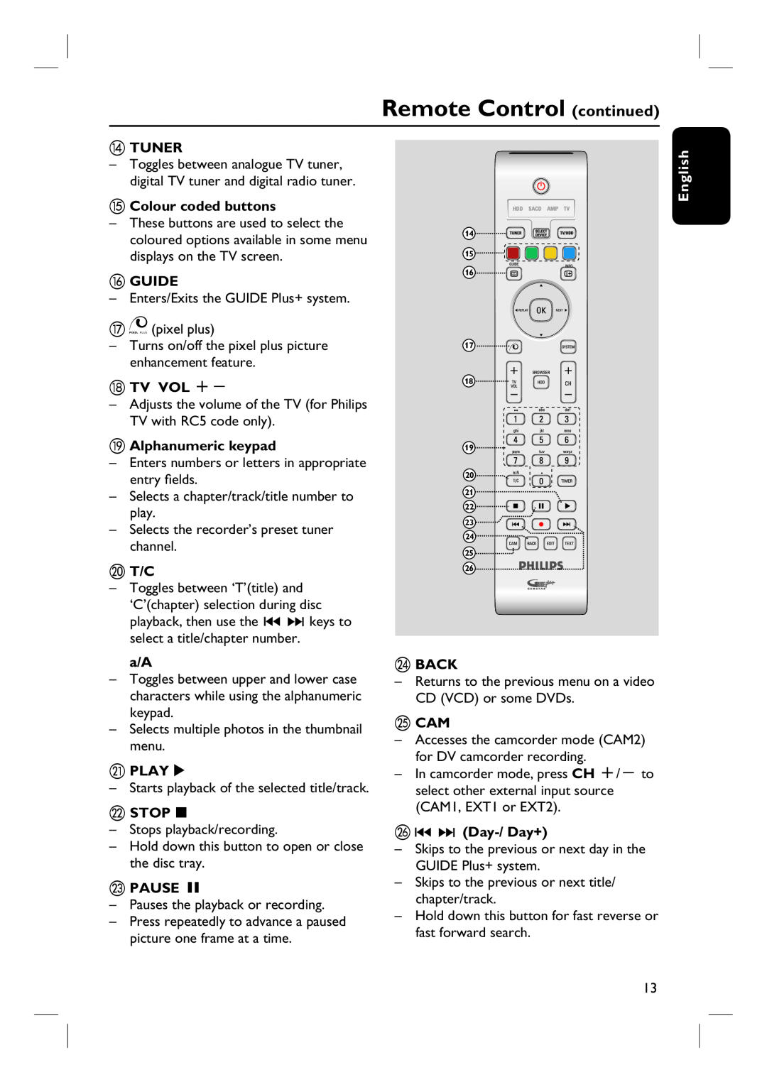 Philips DVDR3360H Remote Control continued, n TUNER, o Colour coded buttons, p GUIDE, r TV VOL +, s Alphanumeric keypad 