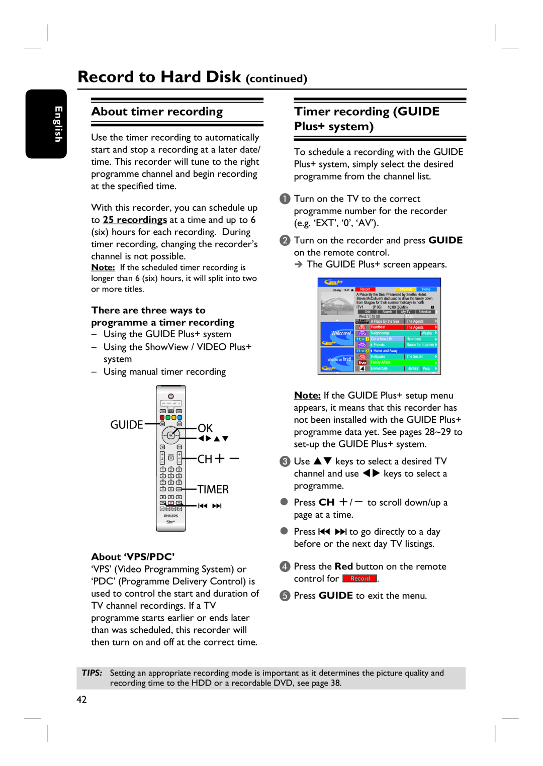 Philips DVDR3360H user manual About timer recording, Timer recording GUIDE Plus+ system, About ‘VPS/PDC’, English 