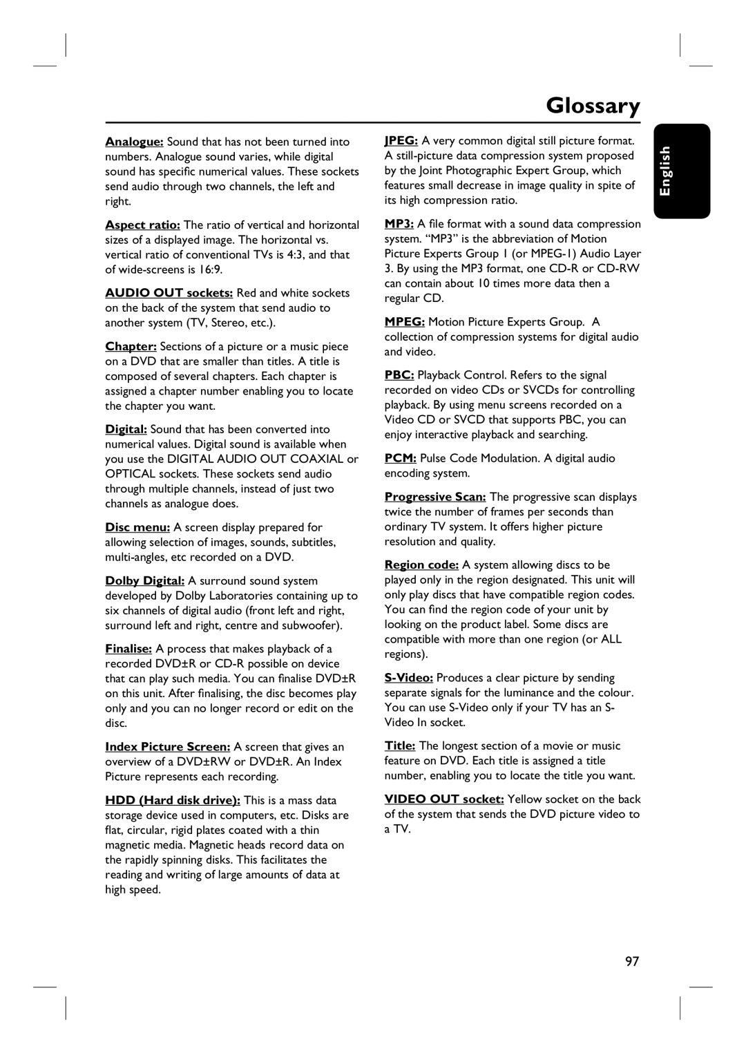 Philips DVDR3360H user manual Glossary, English 