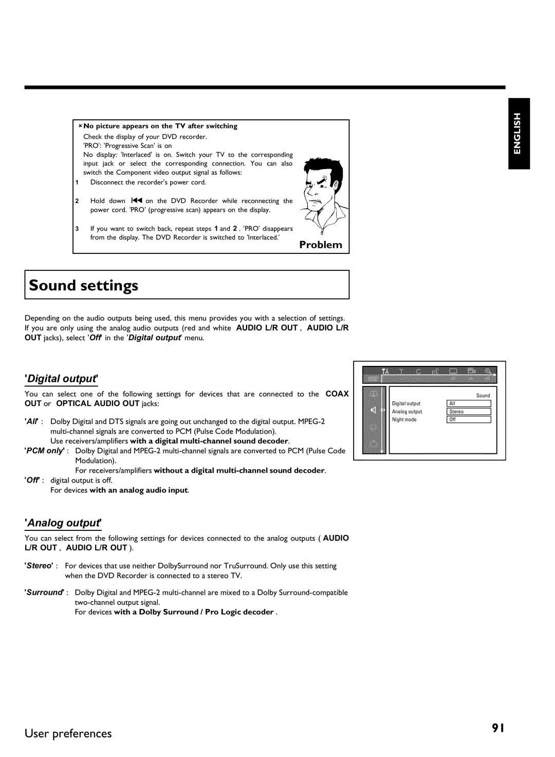 Philips DVDR3370H manual Sound settings, Digital output, Analog output 