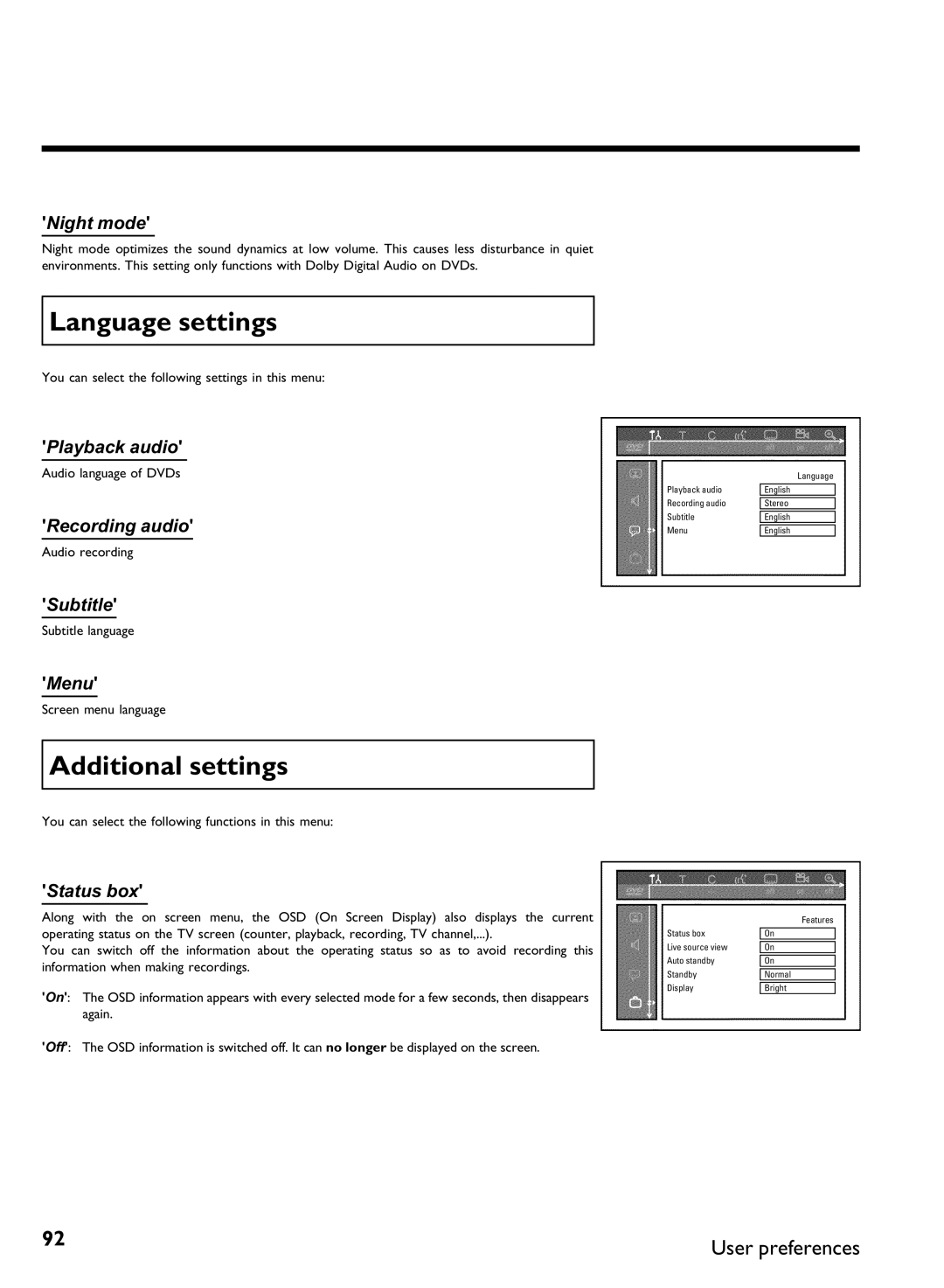 Philips DVDR3370H manual Language settings, Additional settings 