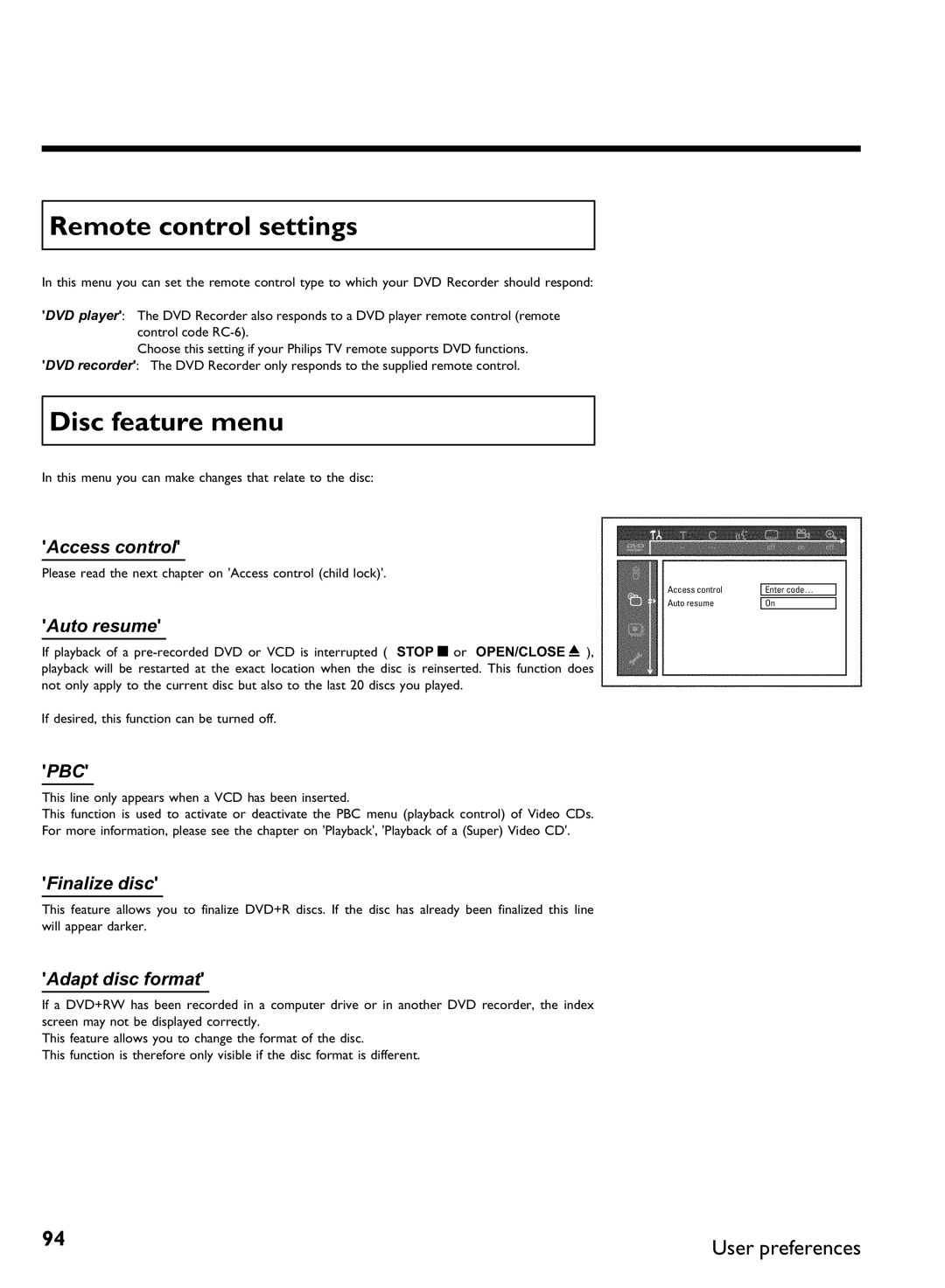 Philips DVDR3370H manual Remote control settings, Disc feature menu, Access control, Auto resume, Adapt disc format 