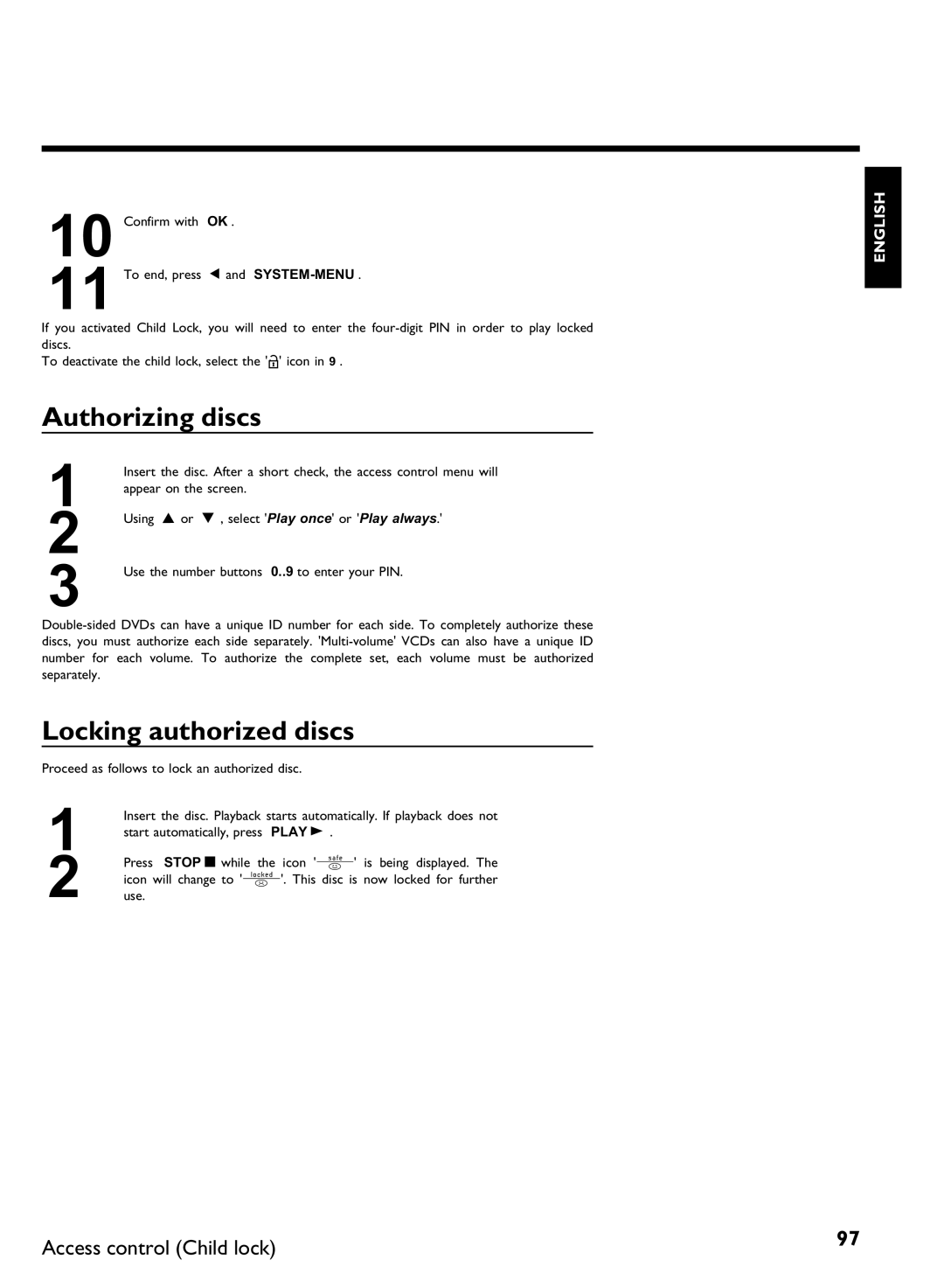 Philips DVDR3370H manual Authorizing discs, Locking authorized discs 