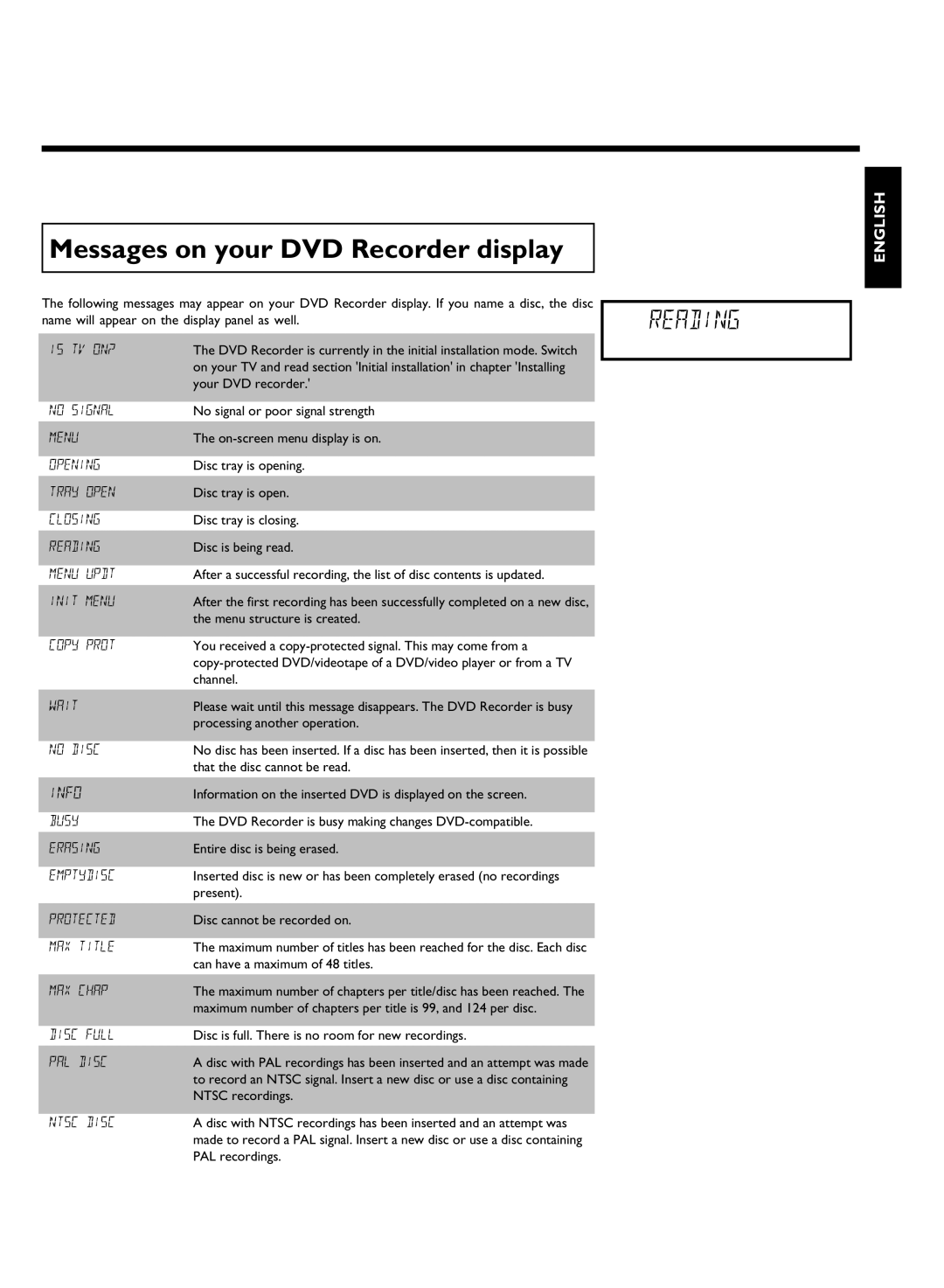 Philips DVDR3370H manual Messages on your DVD Recorder display 