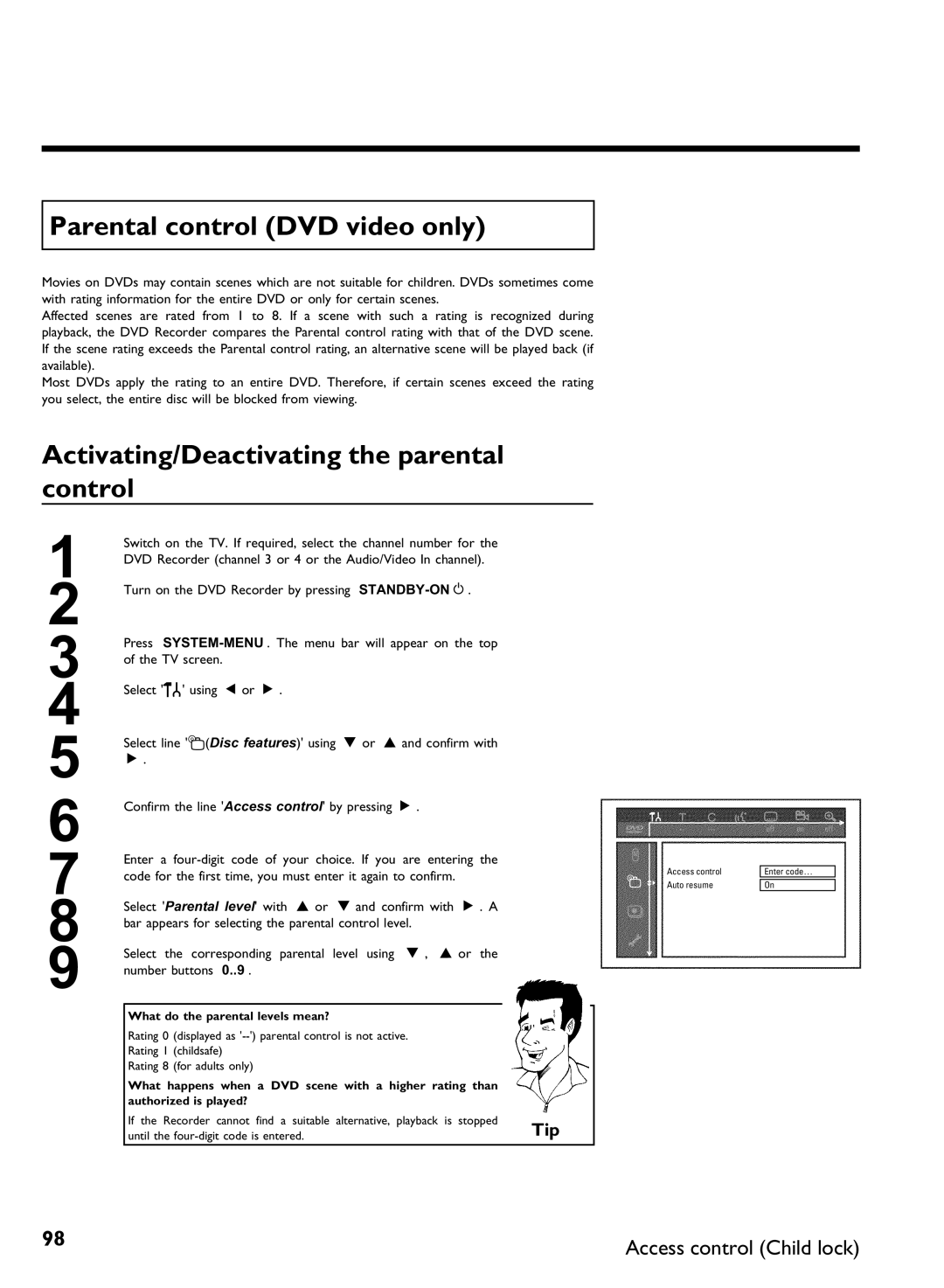 Philips DVDR3370H manual Parental control DVD video only, Activating/Deactivating the parental control 