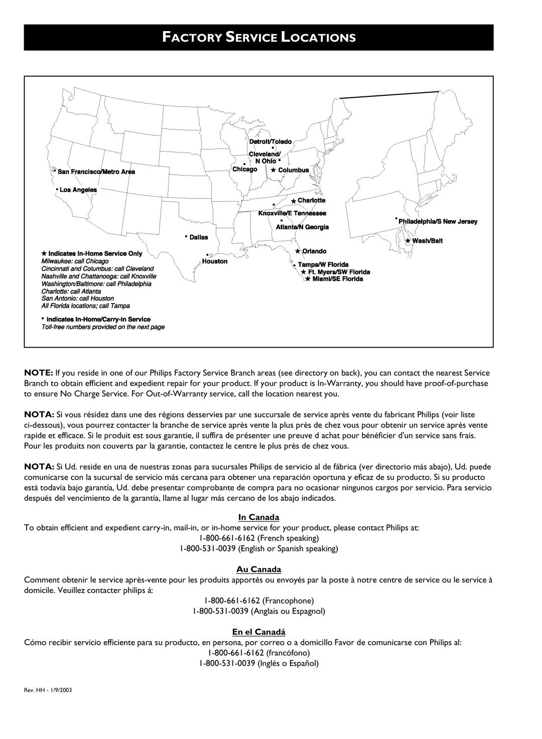 Philips DVDR3370H manual Factory Service Locations 