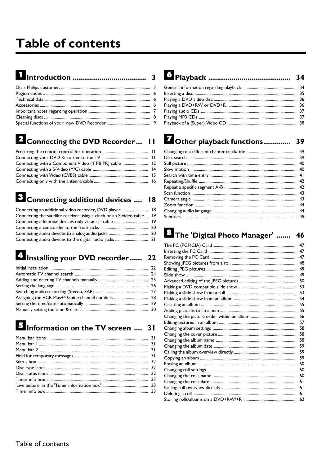 Philips DVDR3370H manual Table of contents 