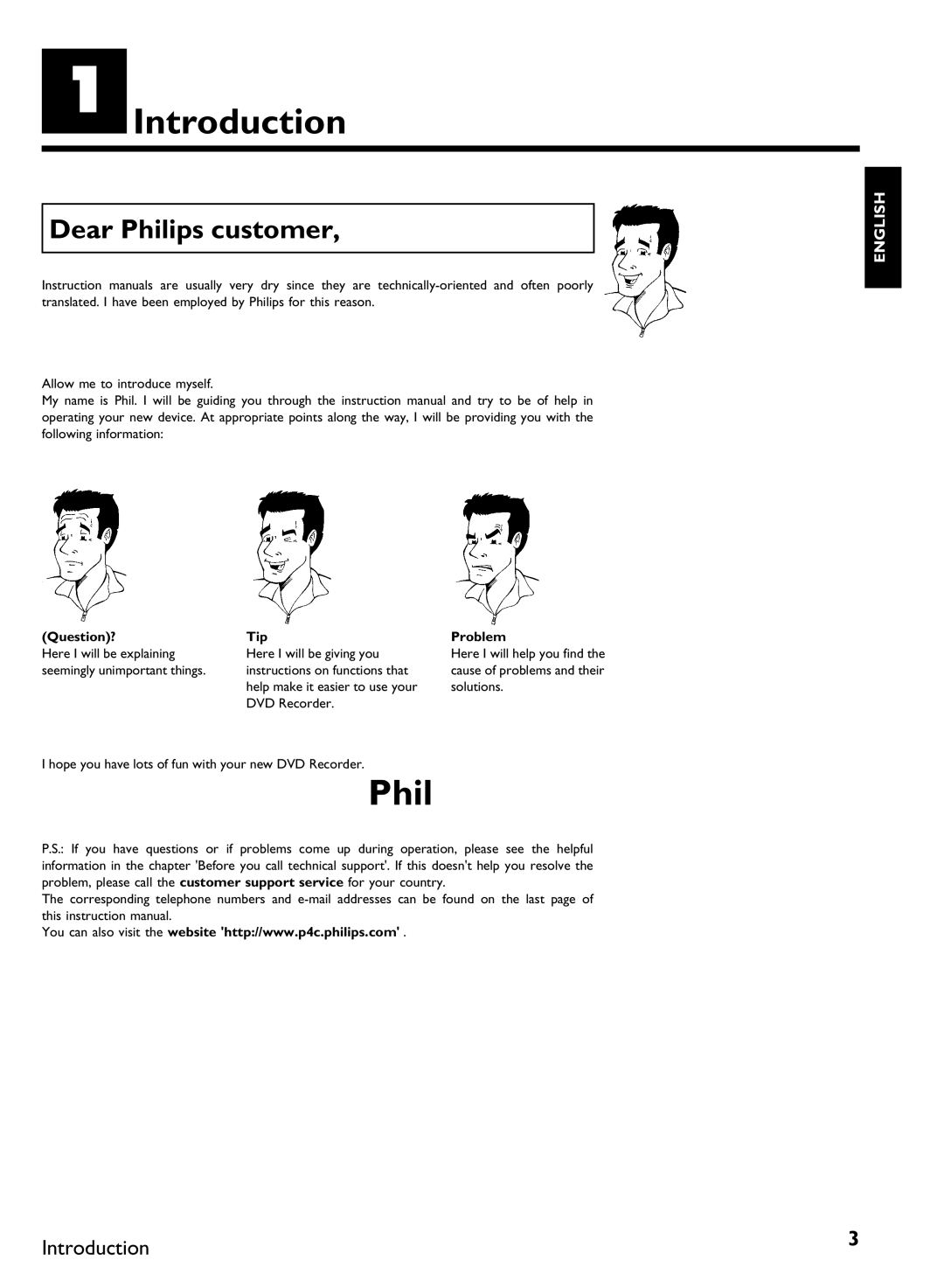 Philips DVDR3370H manual AIntroduction, Dear Philips customer, Question? Tip Problem 