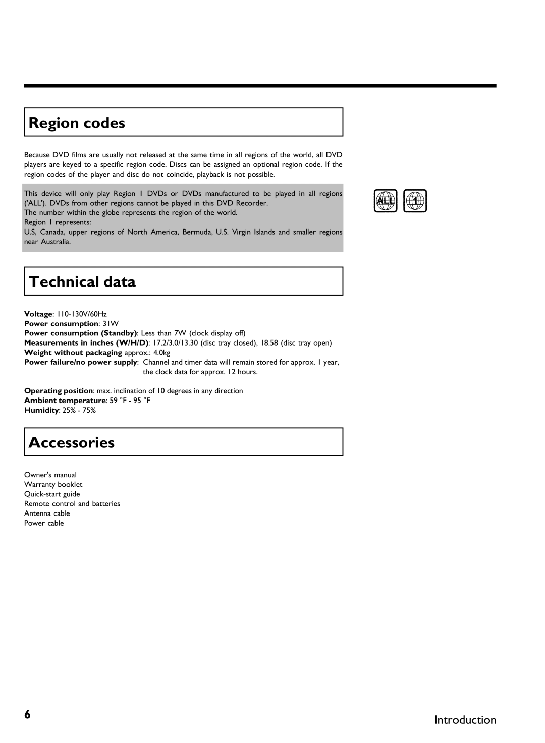 Philips DVDR3370H manual Region codes, Technical data, Accessories 