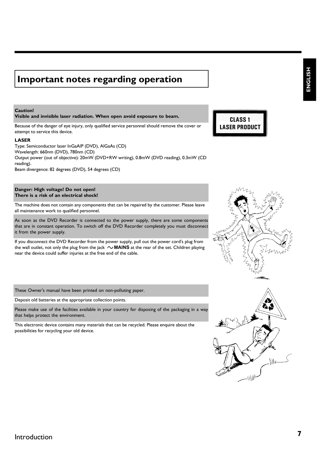 Philips DVDR3370H manual Important notes regarding operation, There is a risk of an electrical shock 