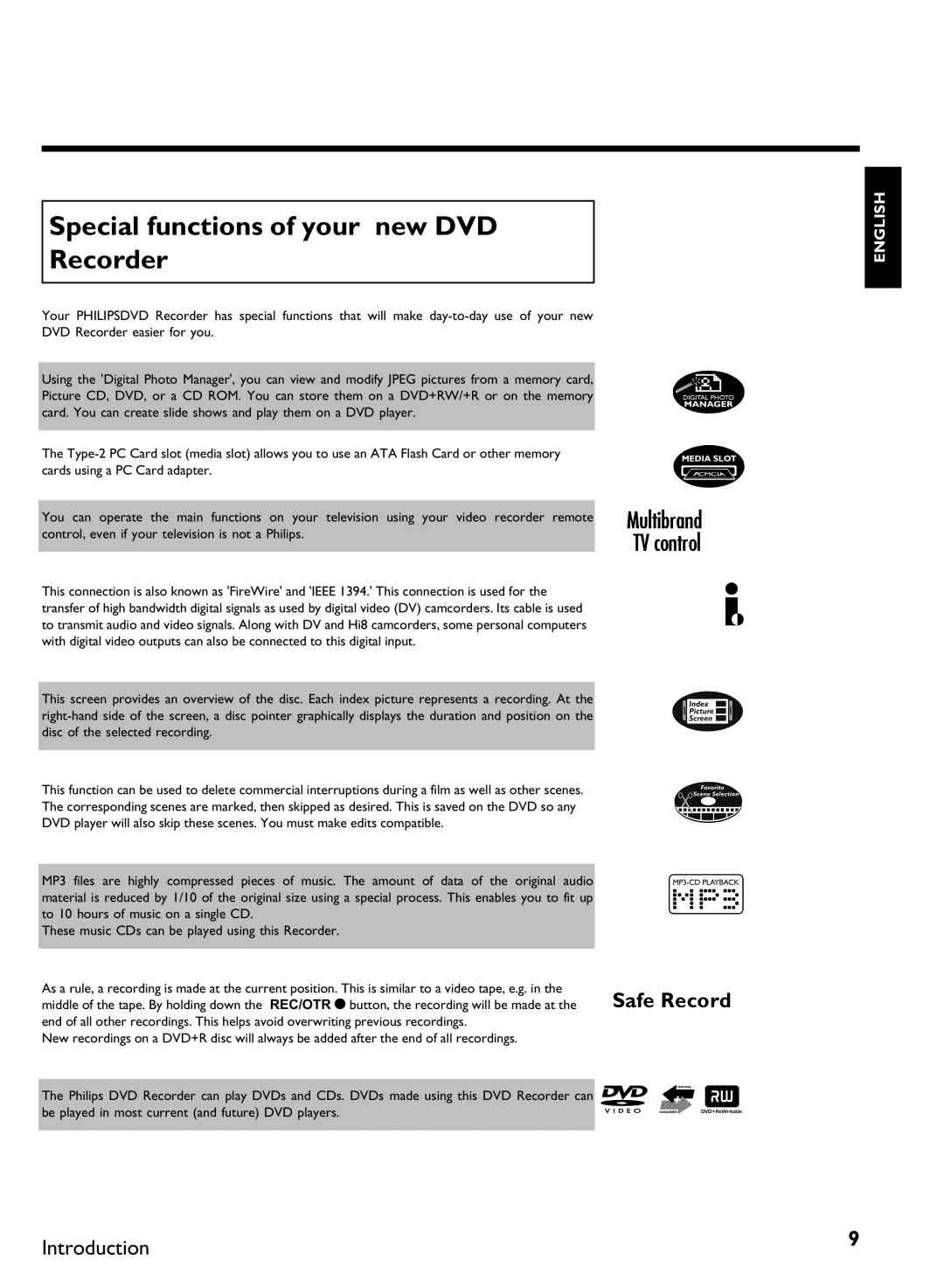 Philips DVDR3370H manual Special functions of your new DVD Recorder 