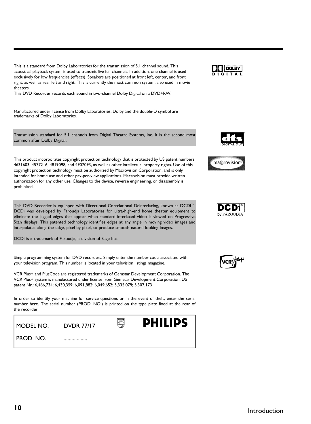 Philips DVDR3370H manual DCDi is a trademark of Faroudja, a division of Sage Inc 