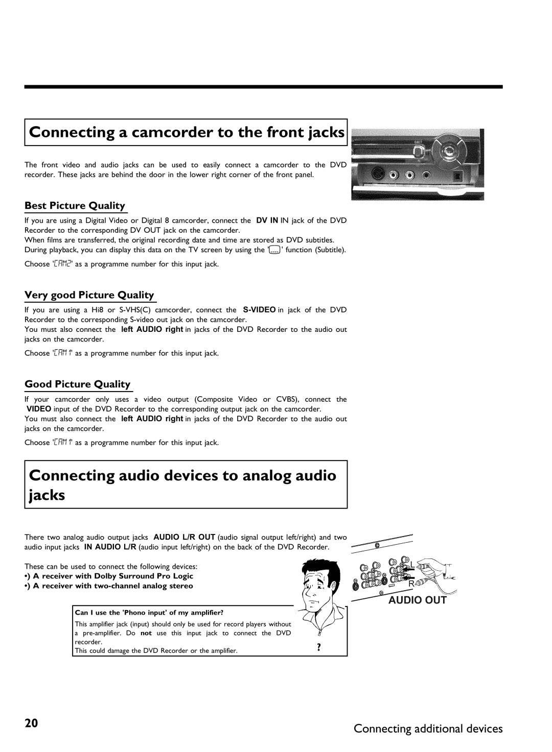 Philips DVDR3370H manual Connecting a camcorder to the front jacks, Connecting audio devices to analog audio jacks 