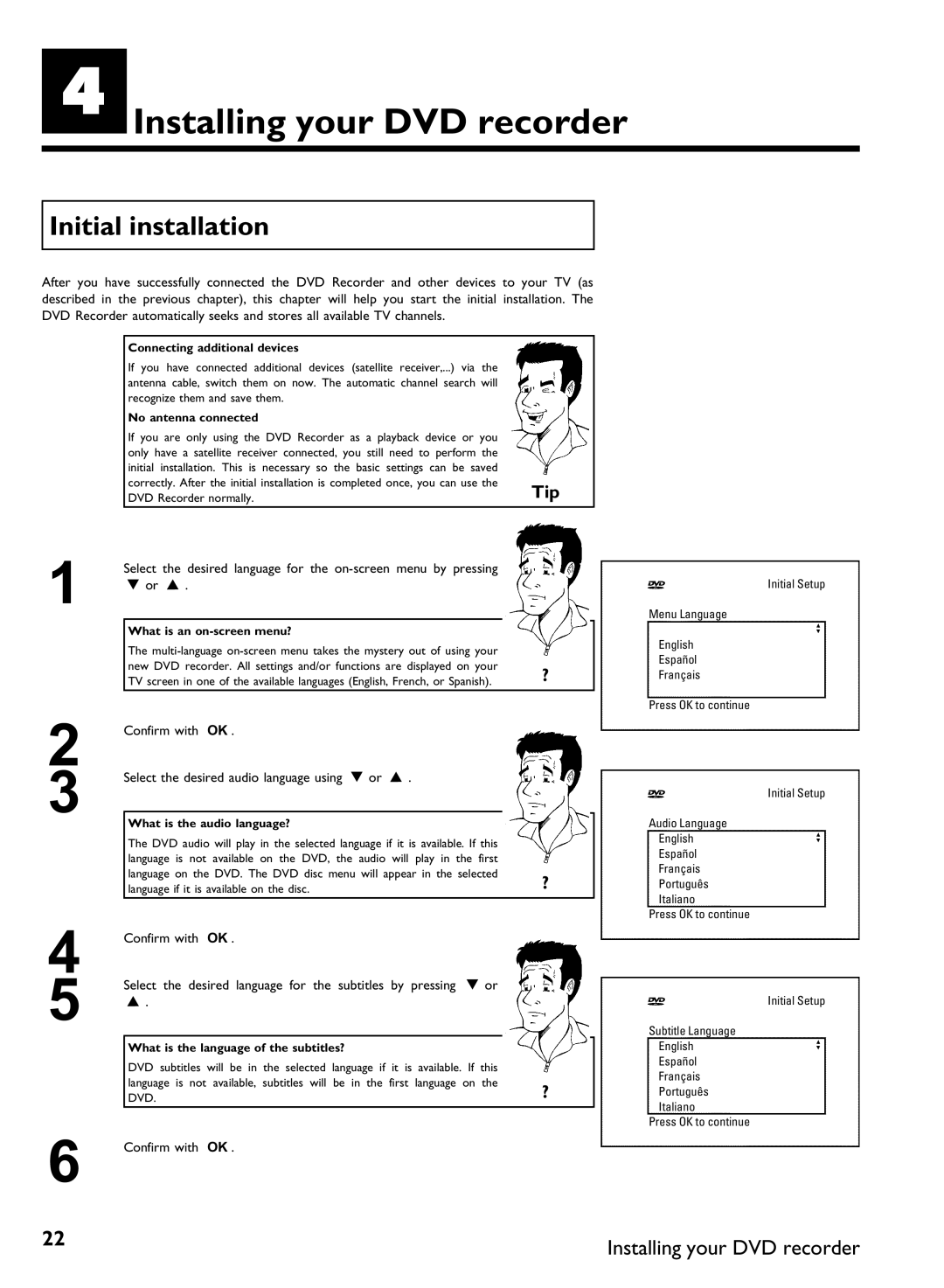 Philips DVDR3370H manual DInstalling your DVD recorder, Initial installation, Confirm with OK 