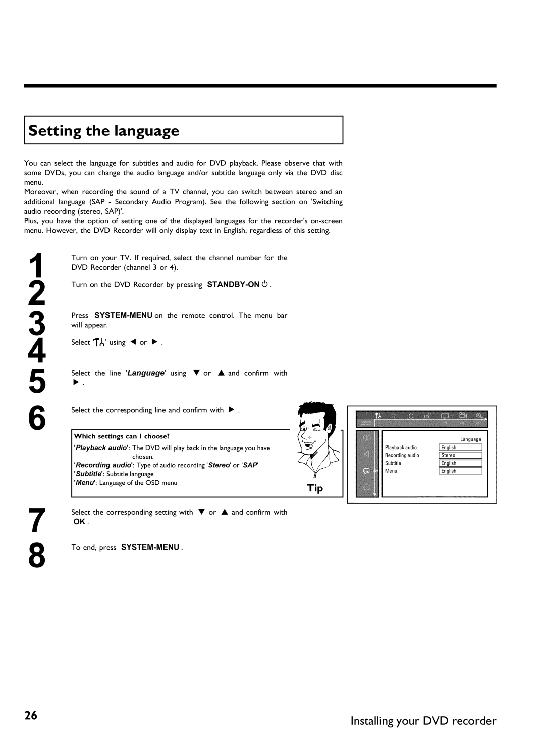 Philips DVDR3370H manual Setting the language, Which settings can I choose? 