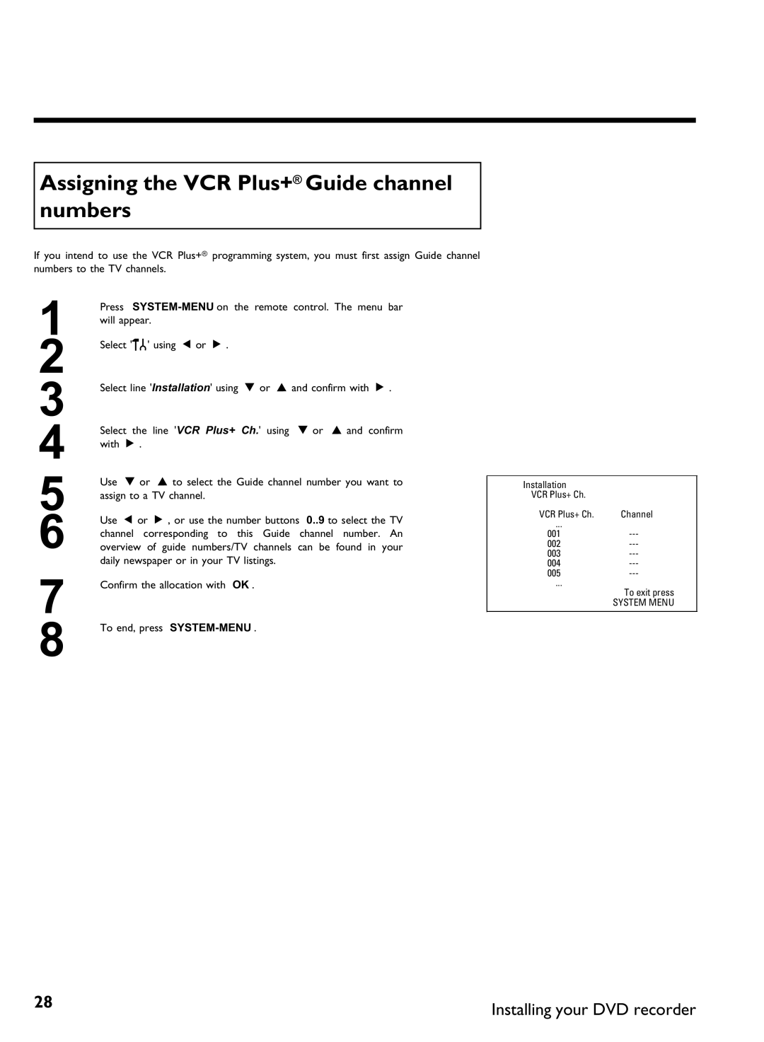 Philips DVDR3370H manual Assigning the VCR Plus+ Guide channel numbers 