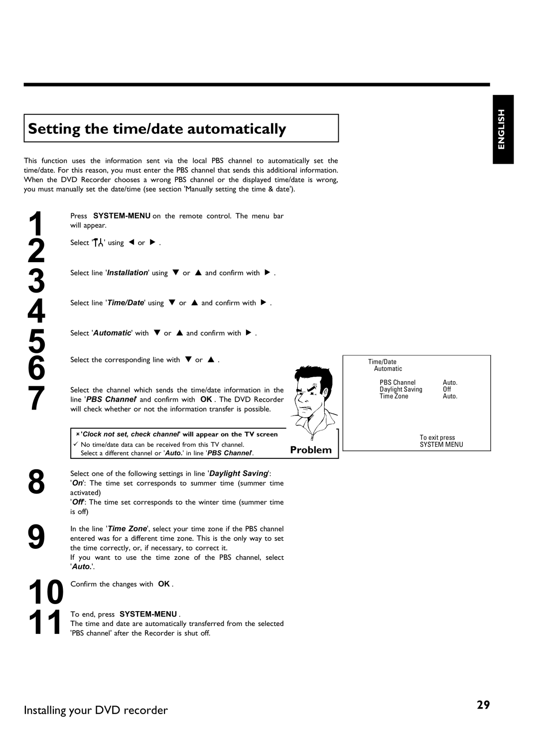 Philips DVDR3370H manual Setting the time/date automatically, Clock not set, check channel will appear on the TV screen 