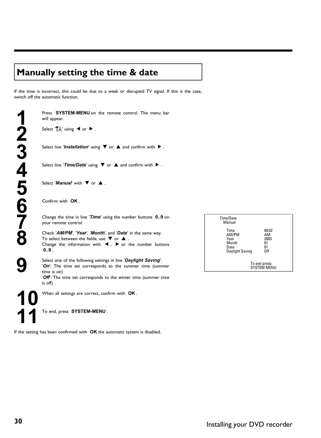 Philips DVDR3370H manual Manually setting the time & date 