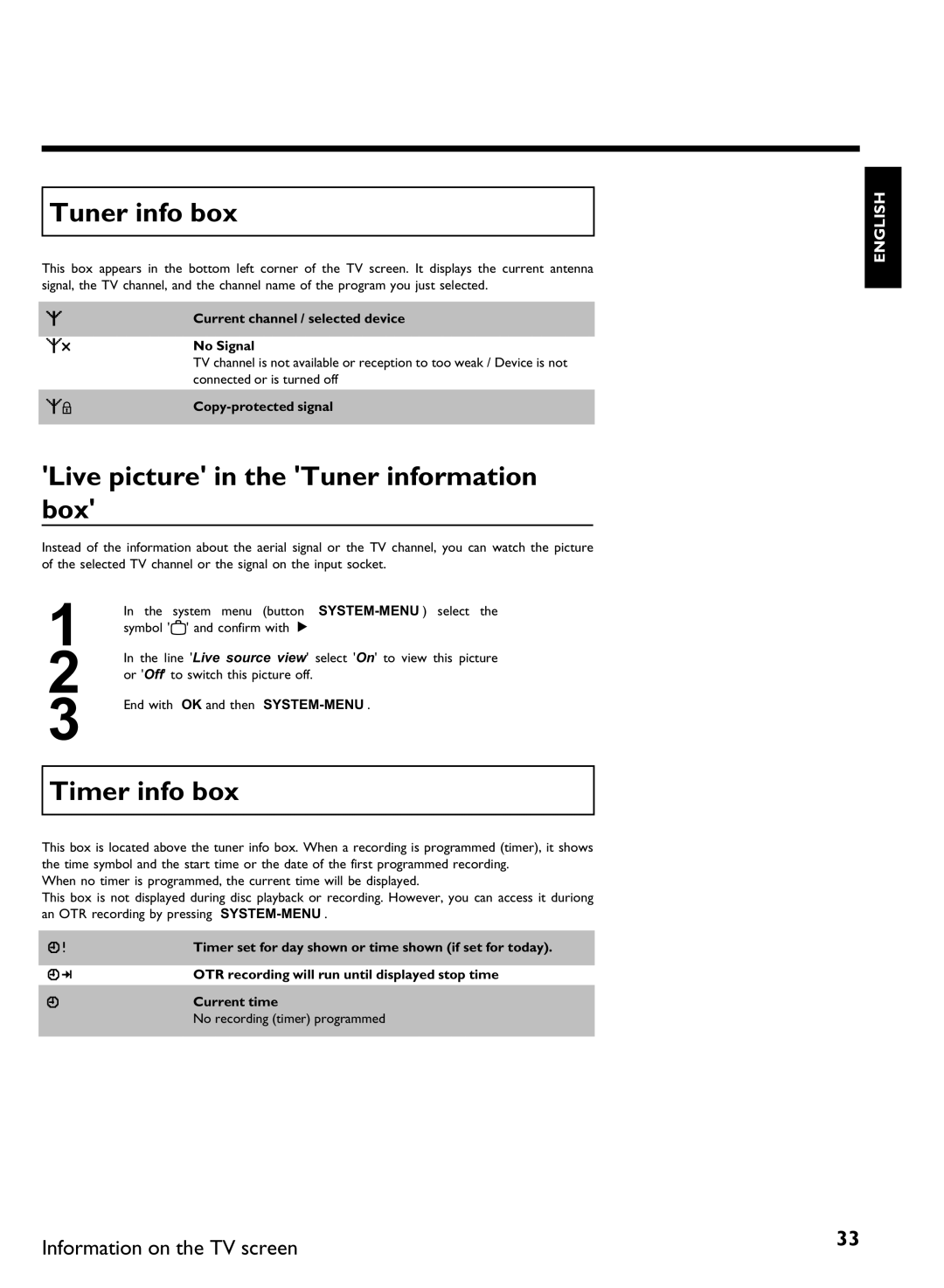 Philips DVDR3370H manual Tuner info box, Live picture in the Tuner information box, Timer info box 