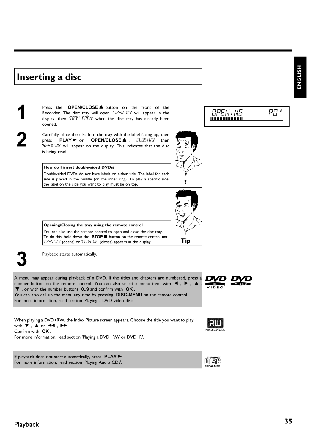 Philips DVDR3370H manual Inserting a disc, Play G or OPEN/CLOSE J 