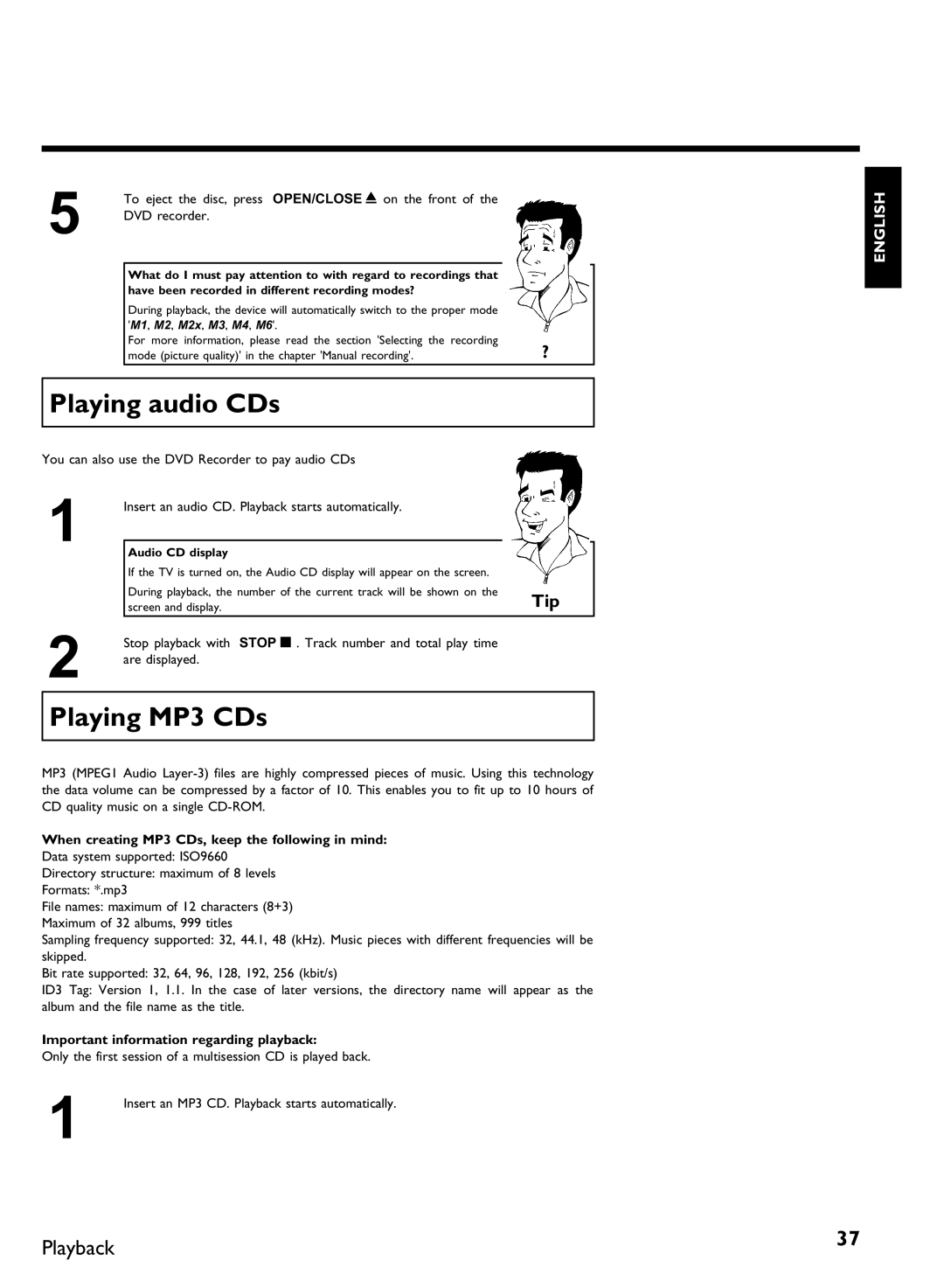 Philips DVDR3370H Playing audio CDs, Playing MP3 CDs, When creating MP3 CDs, keep the following in mind, Audio CD display 