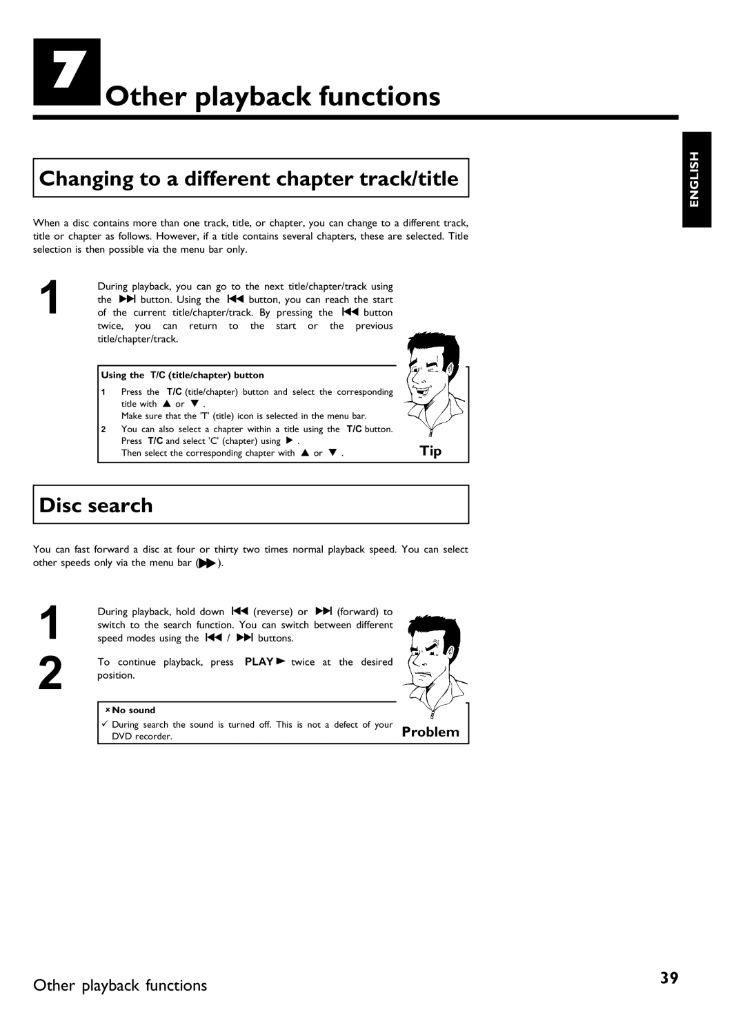 Philips DVDR3370H manual GOther playback functions, Changing to a different chapter track/title, Disc search, ANo sound 